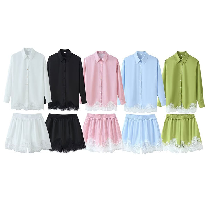 Damen Zweiteiliges Satin-Schlafanzug-Set mit Spitzenbesatz und Hemdjacke Echo Archiv