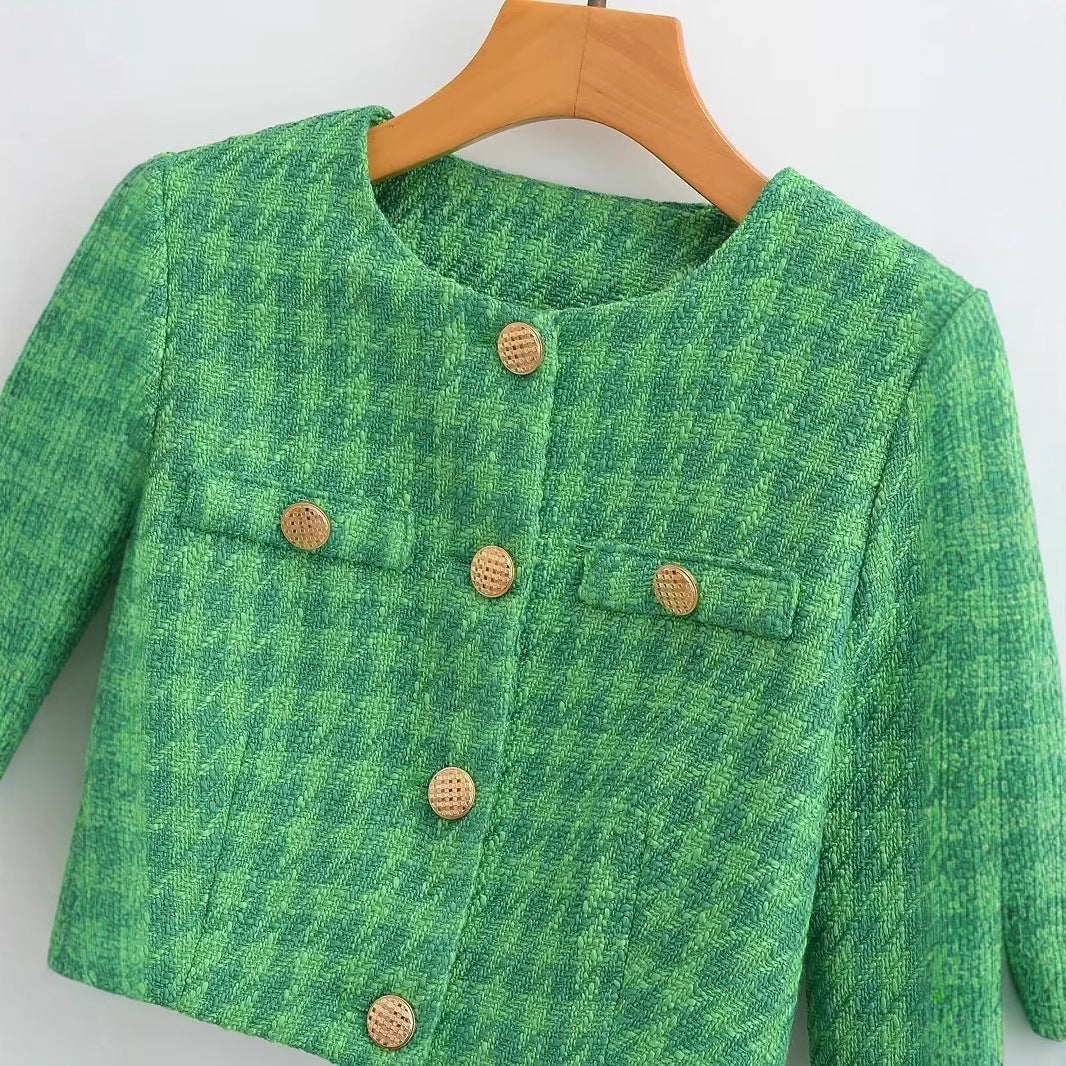Damen Kurzblazer aus Bouclé-Tweed mit kastiger Cropped‑Silhouette und kragenlosem Design Echo Archiv