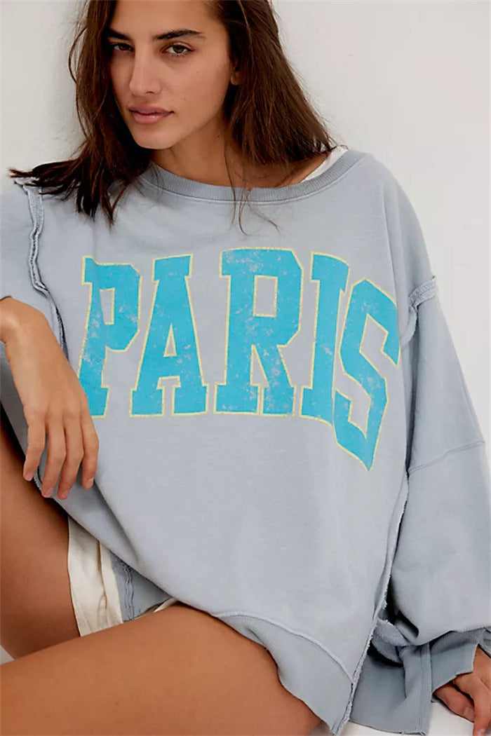 Damen oversized Sweatshirt mit Rüben-Print, ausgefransten Nahtakzenten und Daumenlochärmeln – Avérine