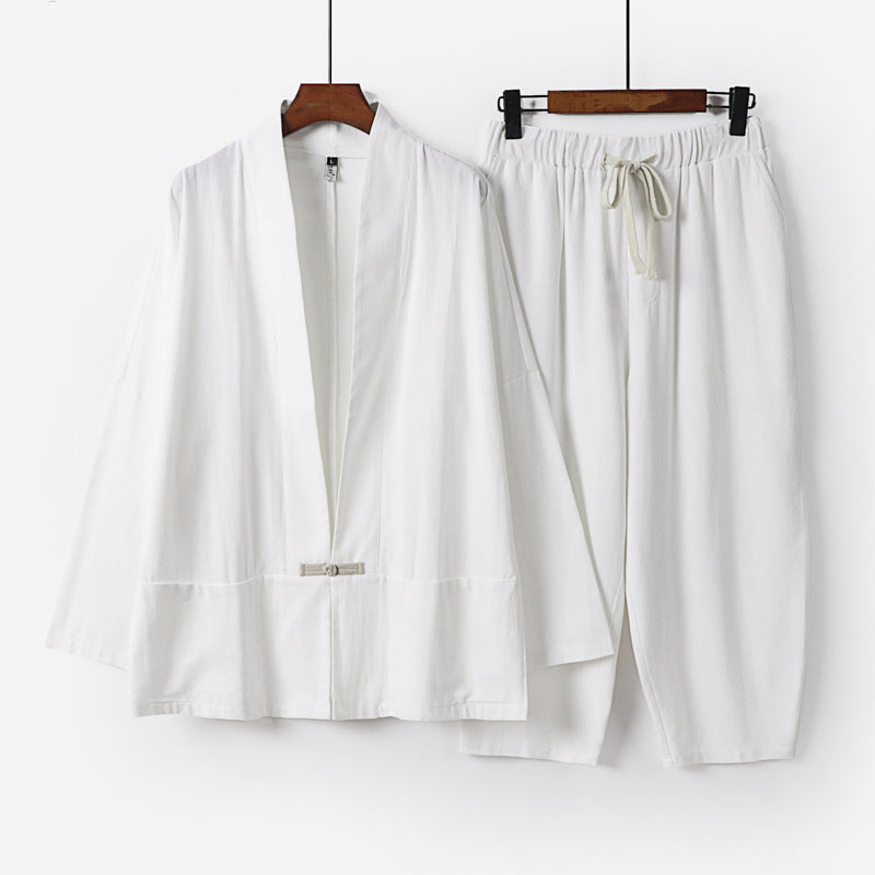 Unisex Lässiges Kimono-Loungewear-Set aus leichtem Leinenmix mit Kordelbundhose Echoarchiv
