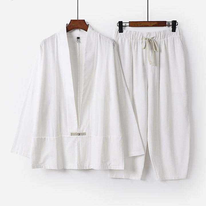 Unisex Lässiges Kimono-Loungewear-Set aus leichtem Leinenmix mit Kordelbundhose Echoarchiv