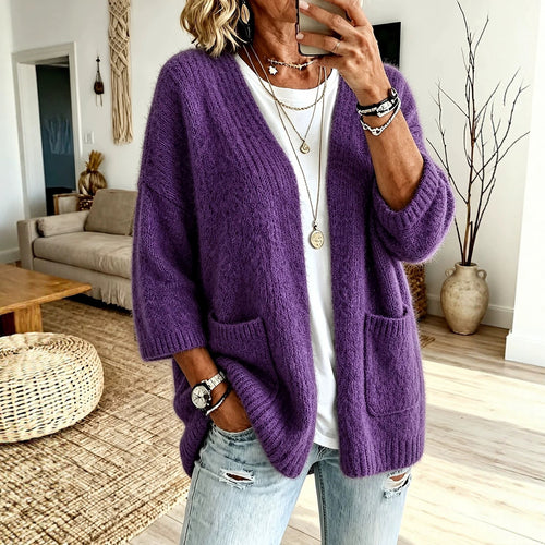Damen Offener Longcardigan im Mohair-Look mit aufgesetzten Taschen und überschnittener Schulter – Veloura
