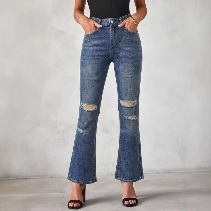 Damen nan High‑Waist Schlagjeans mit Distressed-Kniepartie und strukturierter Denim-Optik Echo Archiv