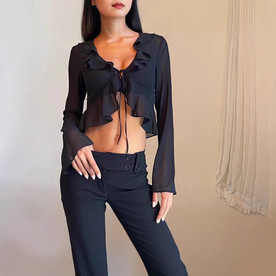 Damen Transparente Langarmbluse mit Rüschen und Bindegürtel Echo Archiv