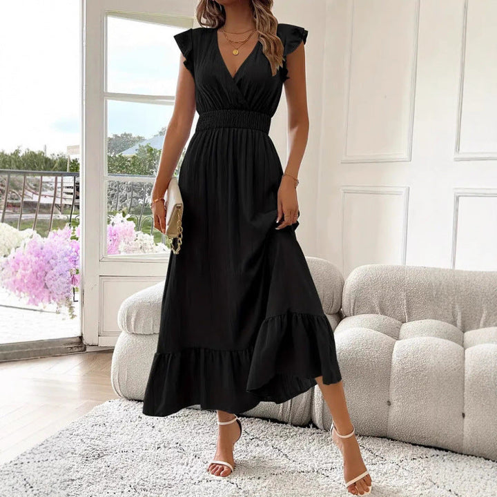 Damen Maxikleid mit voluminösen Rüschenärmel und elegantem Bund – Valéora