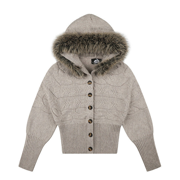 Damen Kapuzen‑Strickjacke mit Zopfmuster, Kunstfellbesatz und tailliertem Rippenbund Echoarchiv