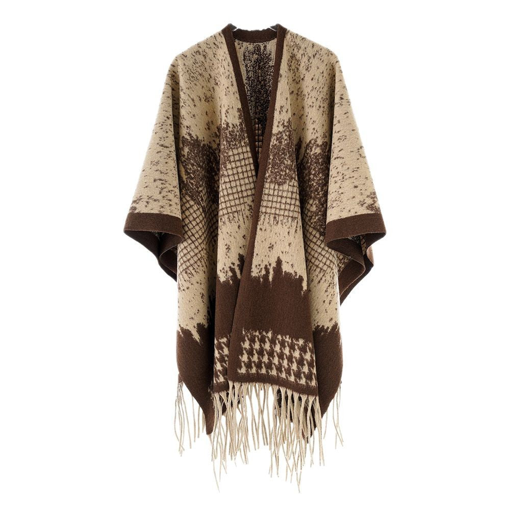 Damen Monochromer Jacquard-Capeponcho aus Wollmix mit Fransen und Oversize-Fall Echo Archiv