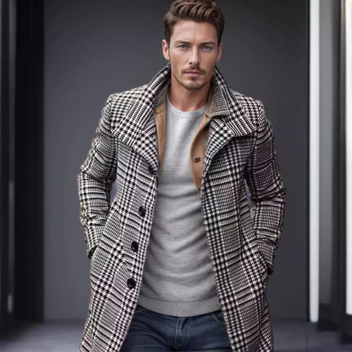 Herren eleganter Karomantel mit großflächigen Taschen und hohem Kragen Echoarchiv