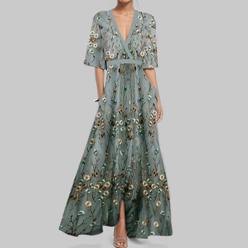 Damen Maxikleid mit Wickeloberteil, Taillengürtel und fließendem Satinrock – Valéora