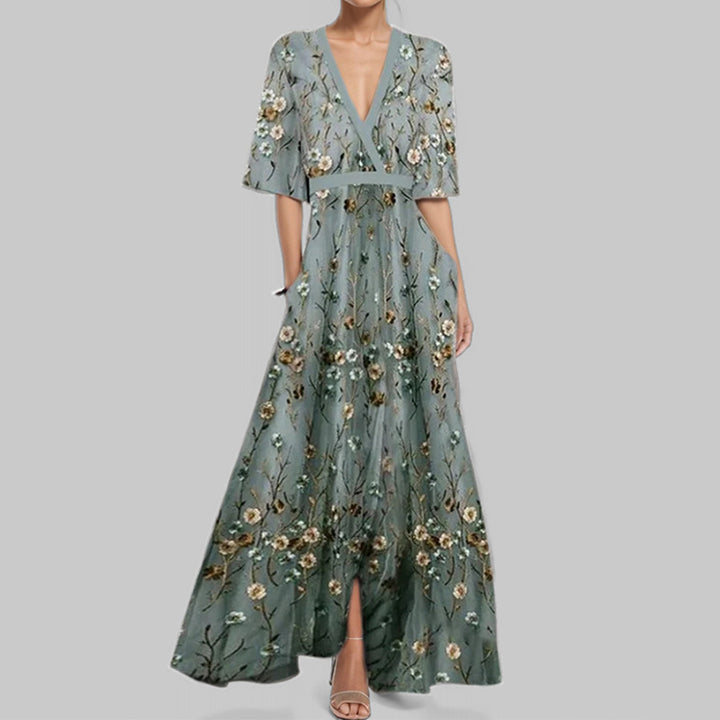 Damen Maxikleid mit Wickeloberteil, Taillengürtel und fließendem Satinrock – Valéora