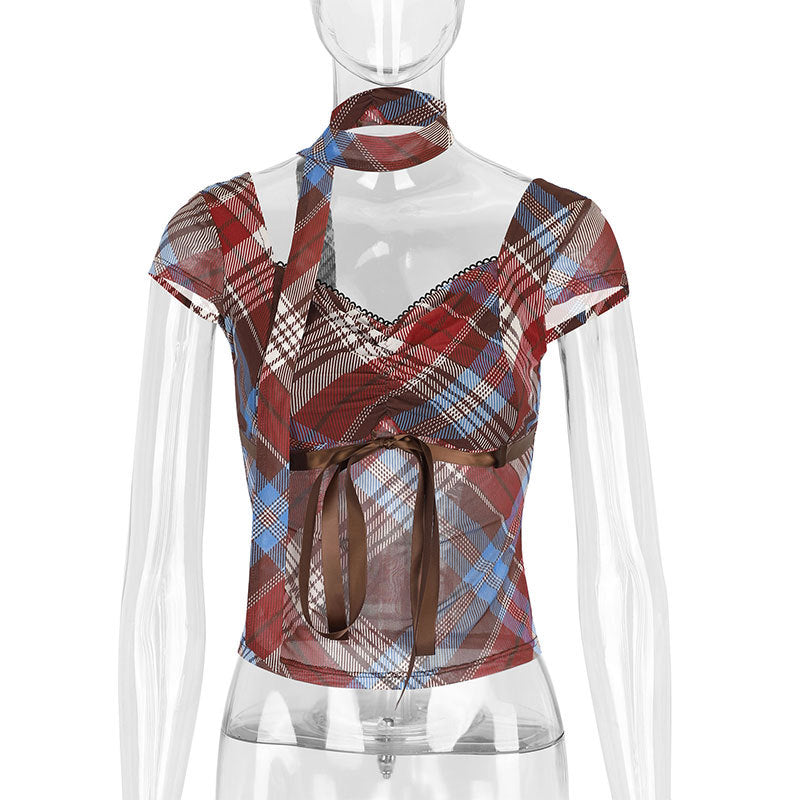 Damen Elegantes Karomuster-Bluse mit verstellbarem Bindegürtel und Spitzenakzenten Echo Archiv