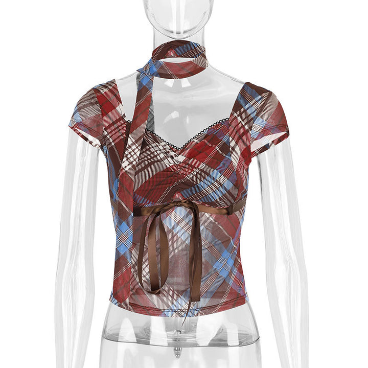 Damen Elegantes Karomuster-Bluse mit verstellbarem Bindegürtel und Spitzenakzenten Echo Archiv