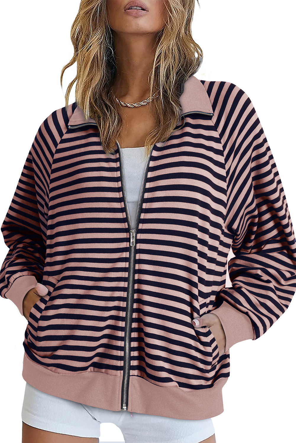 Damen Gestreifte Zip‑Jacke mit Reißverschluss, Raglanärmeln und Rippbündchen Echo Archiv