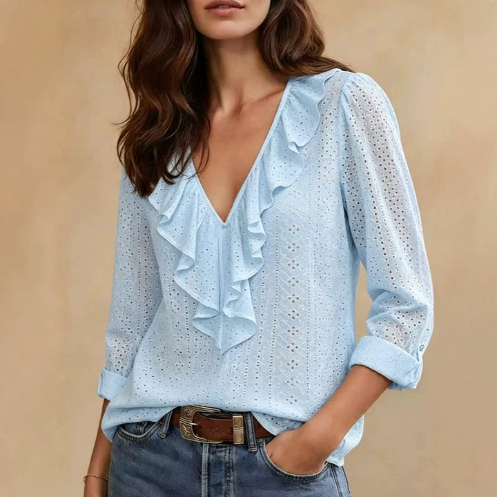 Damen luftige Ajourspitzenbluse mit V-Ausschnitt und Volant – Élovi