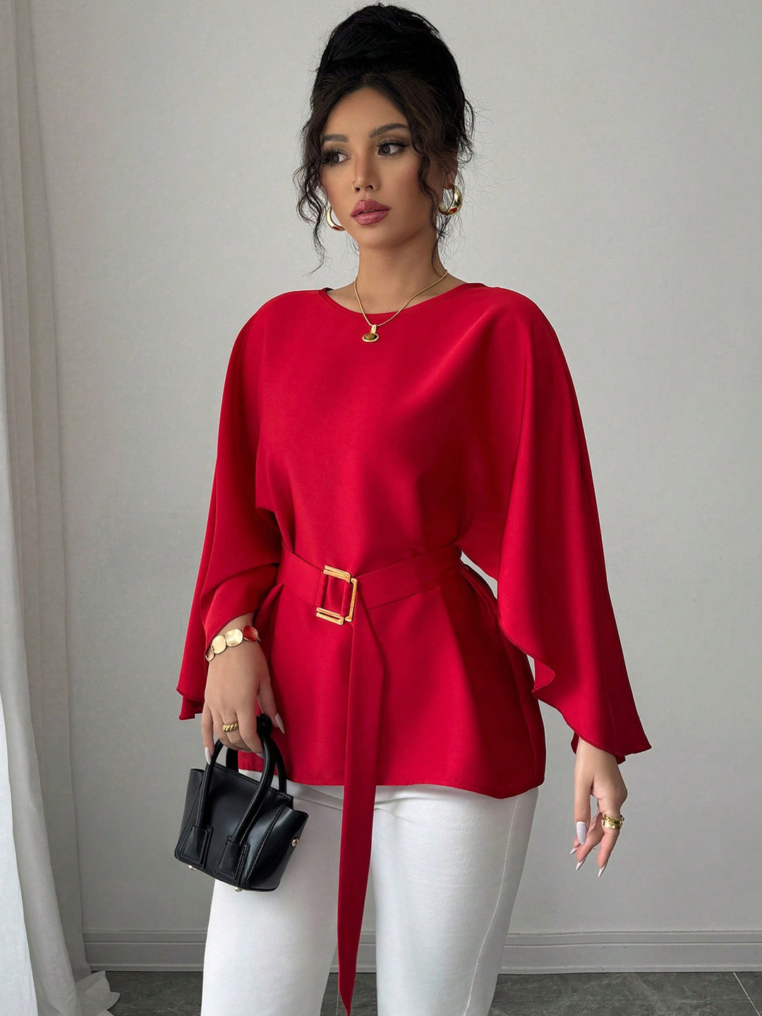 Damen Elegante Chiffon-Tunika mit Cape-Ärmeln und Taillengürtel Echo Archiv