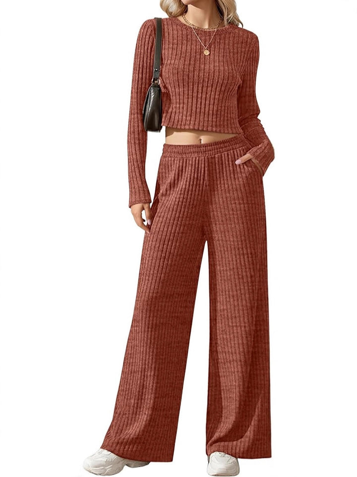 Damen Geripptes Feinstrick-Lounge-Set mit Cropped Langarmtop und High-Waist Palazzohose Echoarchiv