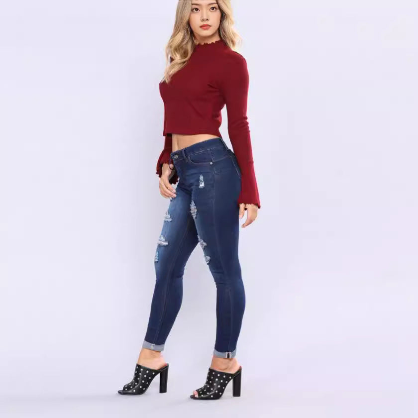 Damen nan hochgeschnittene Skinny-Jeans mit Destroyed-Details und umgeschlagenem Knöchelabschluss Echo Archiv