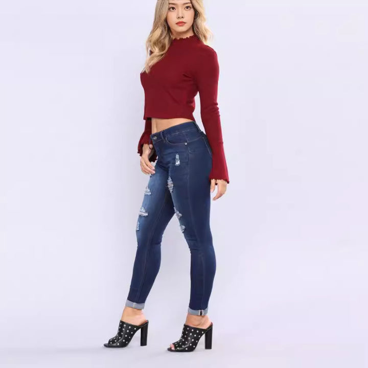 Damen nan hochgeschnittene Skinny-Jeans mit Destroyed-Details und umgeschlagenem Knöchelabschluss Echo Archiv