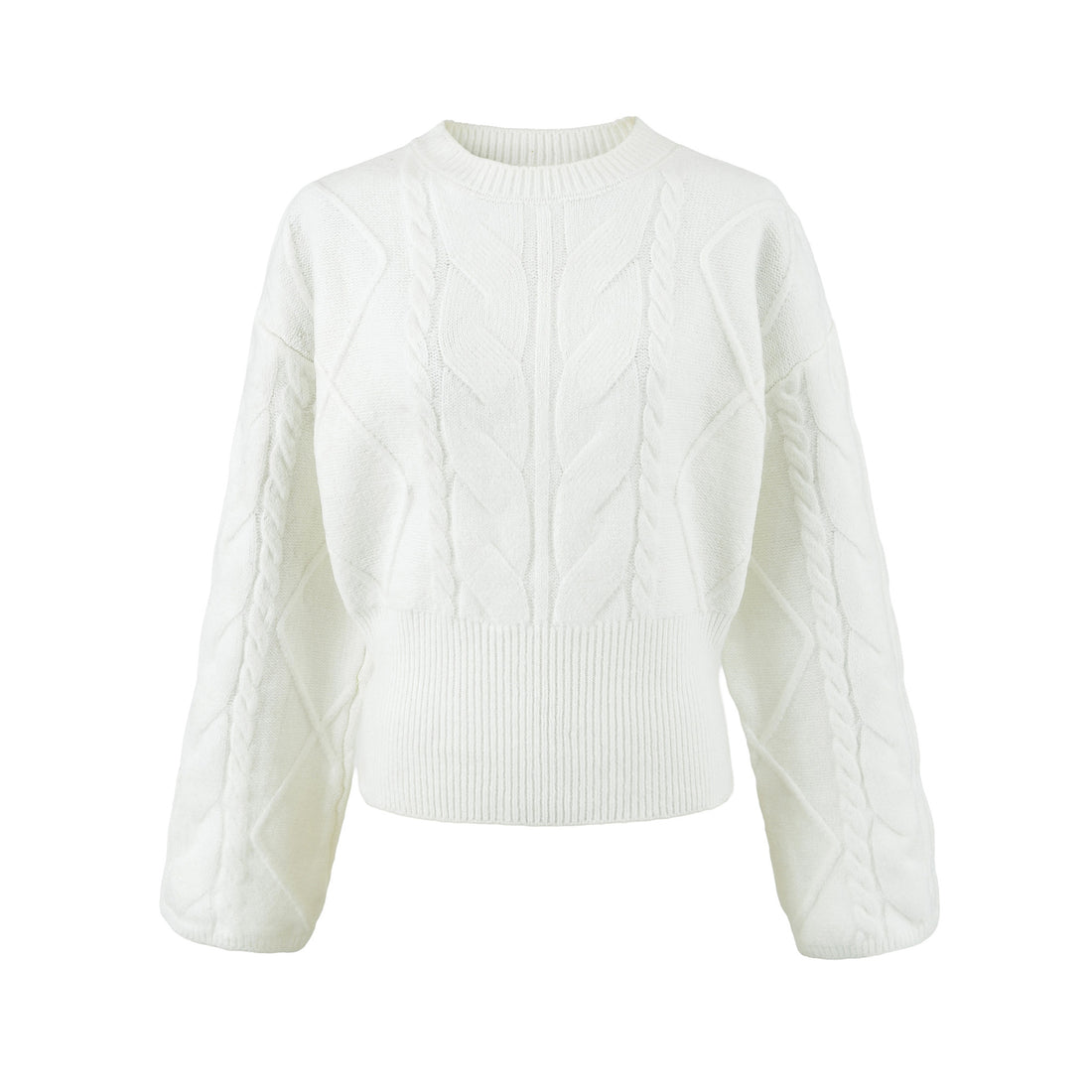 Damen Kurzer Zopfmuster-Strickpullover mit tailliertem Rippbündchen Echoarchiv