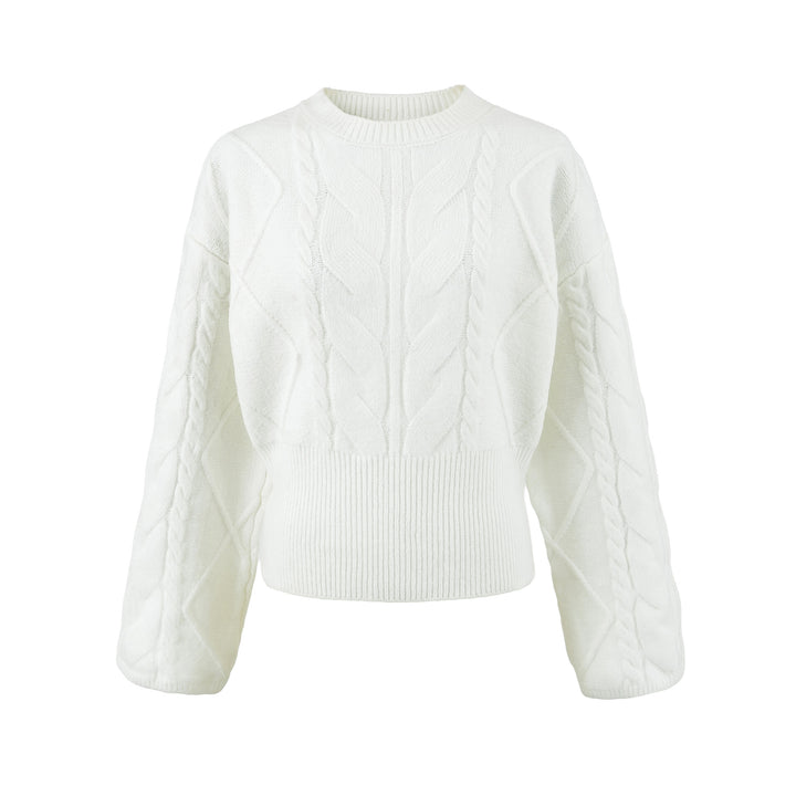 Damen Kurzer Zopfmuster-Strickpullover mit tailliertem Rippbündchen Echoarchiv
