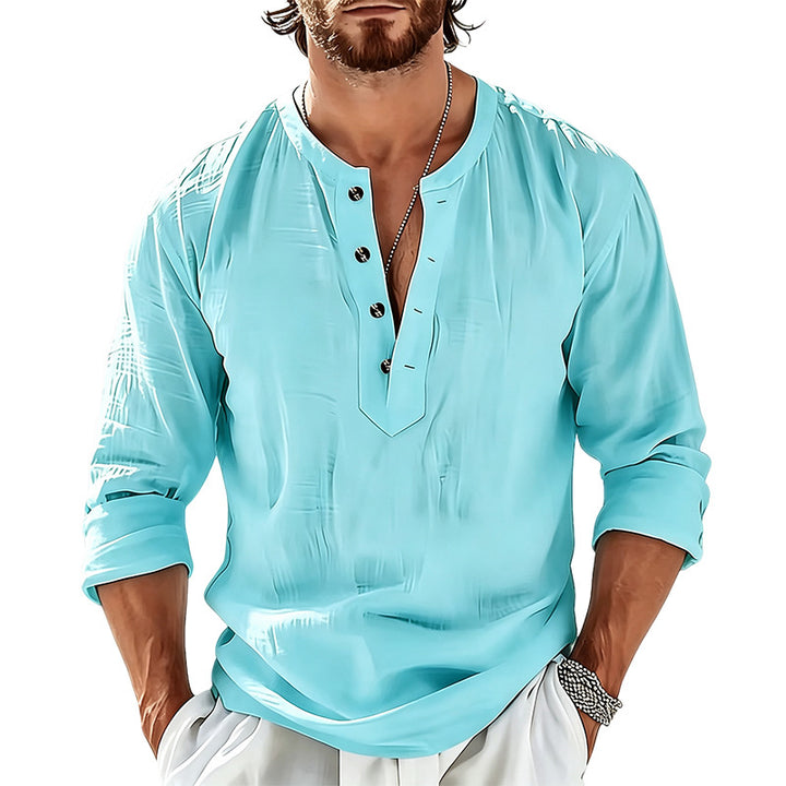 Herren Leichtes Leinen-Henley-Langarmshirt mit Mandarin-Kragen Echoarchiv