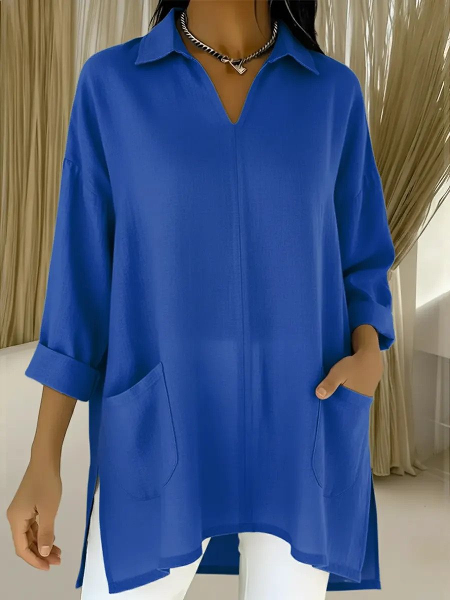 Damen Oversize-Tunika mit Hemdkragen, V-Ausschnitt und aufgesetzten Taschen Echo Archiv