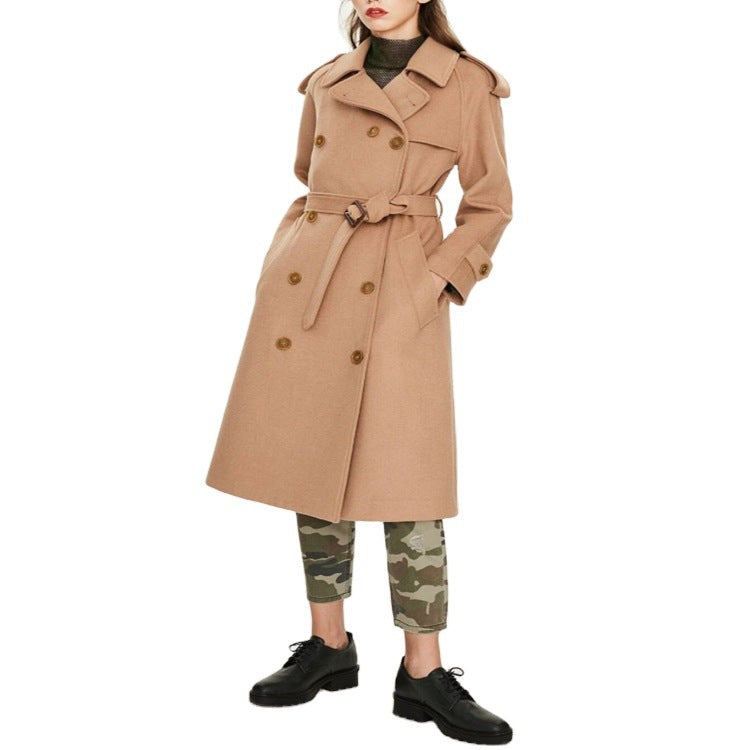 Damen Midilanger Doppelreihiger Wollmix‑Trenchcoat mit Epauletten und Taillengürtel Echoarchiv