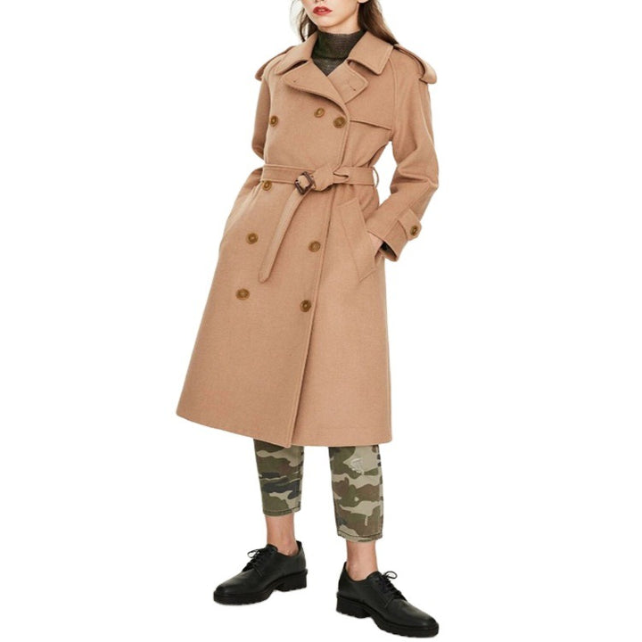 Damen Midilanger Doppelreihiger Wollmix‑Trenchcoat mit Epauletten und Taillengürtel Echoarchiv