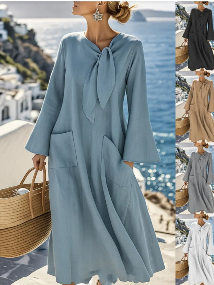 Damen Langes A-Linien-Kleid mit Schleifenkragen und aufgesetzten Taschen Echoarchiv