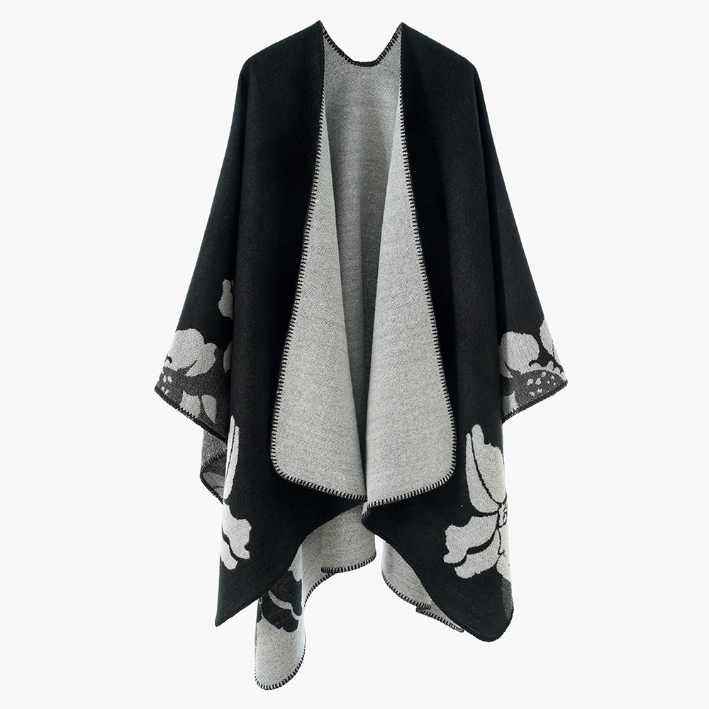 Damen Reversible Wollmix-Poncho mit floralem Jacquardmuster – Avérine
