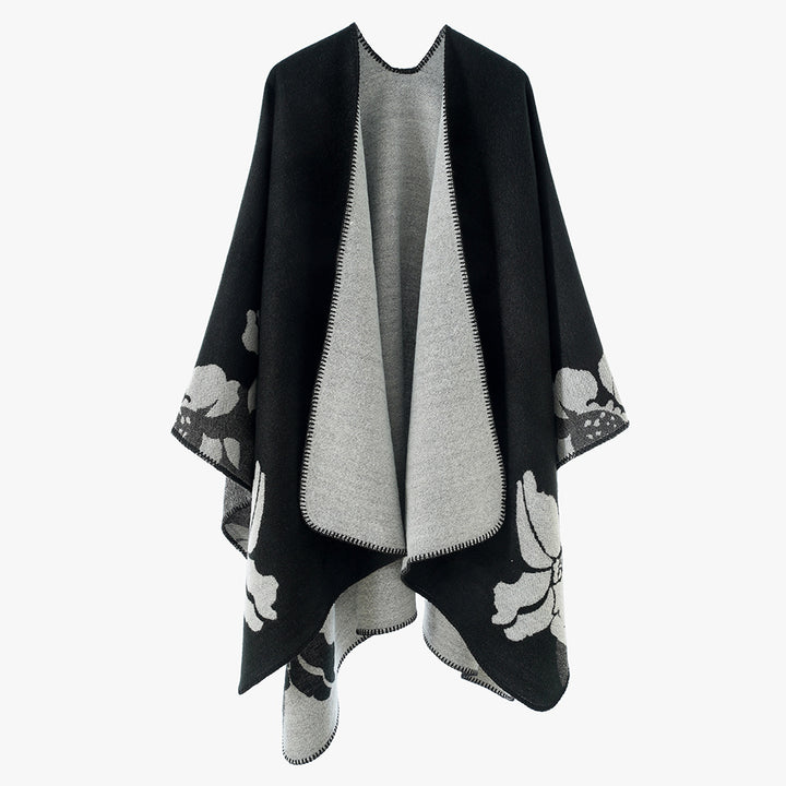 Damen Reversible Wollmix-Poncho mit floralem Jacquardmuster – Avérine