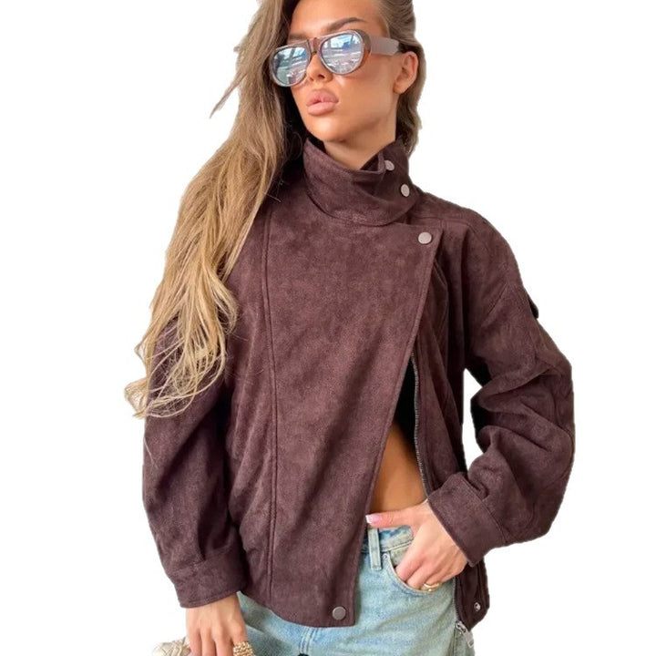 Damen Oversize Wildleder‑Optik Bikerjacke mit hohem Stehkragen Echoarchiv