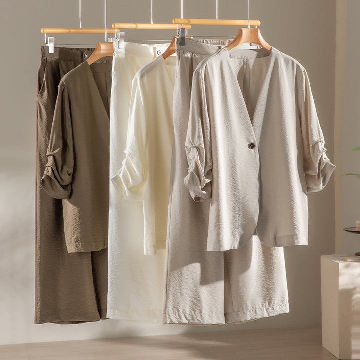 Damen Leichter Oversize-Blazer mit V-Ausschnitt, Ein-Knopf-Verschluss und gerafften Dreiviertelärmeln Echoarchiv