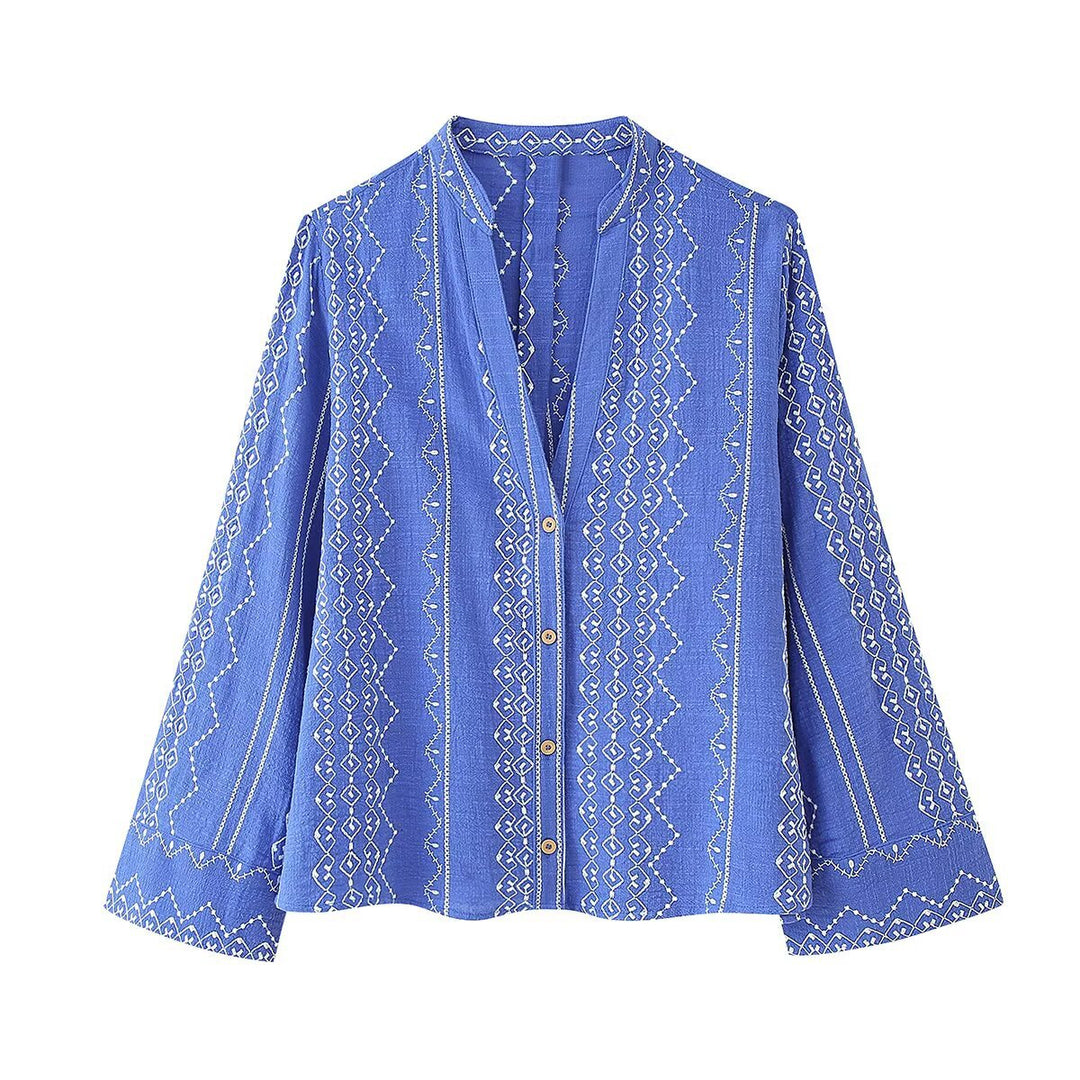 Damen bestickte Blusenjacke mit V-Ausschnitt und lockerer A-Linien-Silhouette Echoarchiv