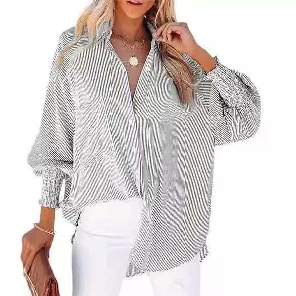 Damen Oversize-gestreifte Leinenoptik-Bluse mit Smokbündchen Echo Archiv