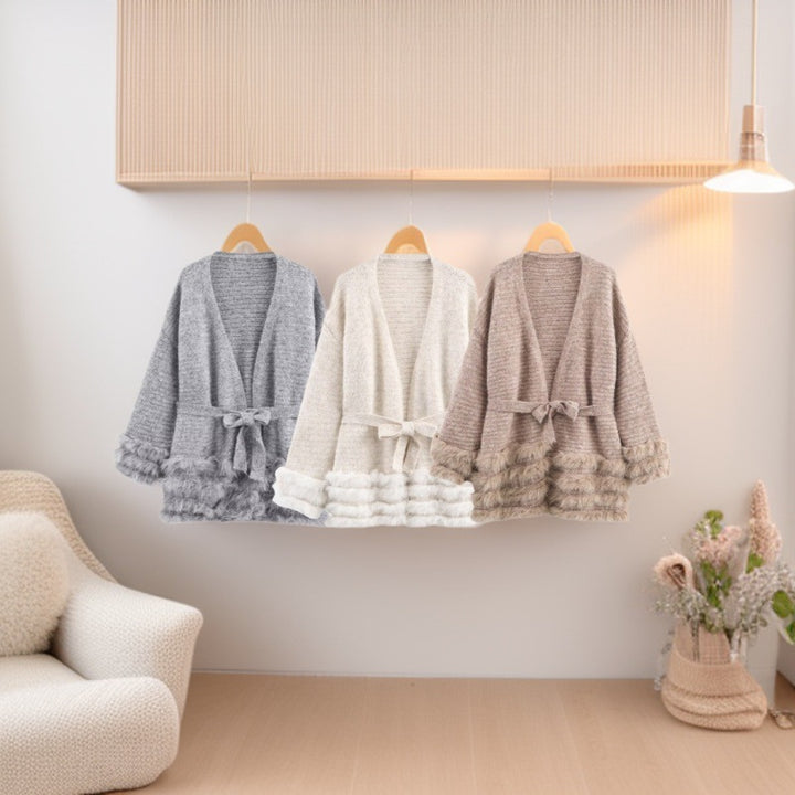 Damen Strick-Cardigan mit Bindegürtel und Faux-Fur-Besatz Echo Archiv