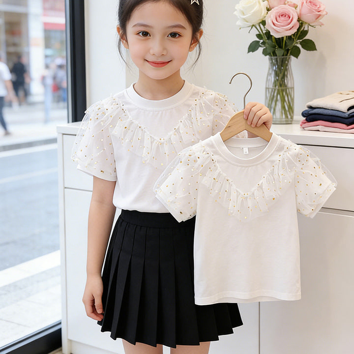 Mädchen T-Shirt mit Rüschendetails und transparenten Puffärmeln Echo Archiv