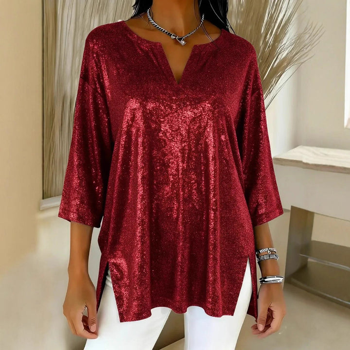Damen Glitzerndes Oversize-Longshirt mit V-Ausschnitt und seitlichen Schlitzen Echoarchiv