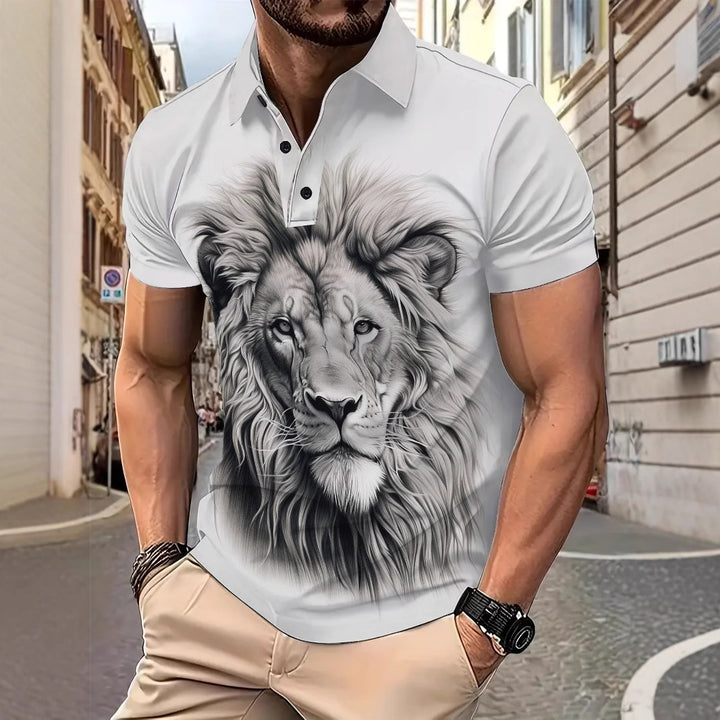 Herren Poloshirt mit kunstvollem Löwenmotiv und hochwertigem Baumwollmix Echoarchiv