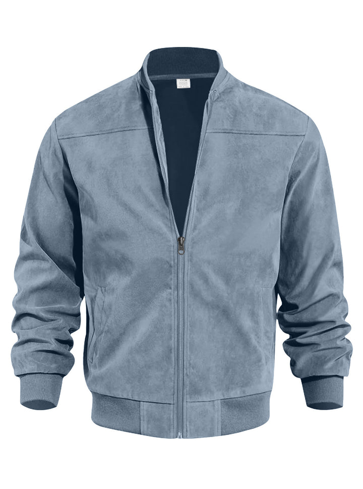 Herren Veloursleder-Bomberjacke mit Stehkragen, Rippbündchen und durchgehendem Reißverschluss Echoarchiv