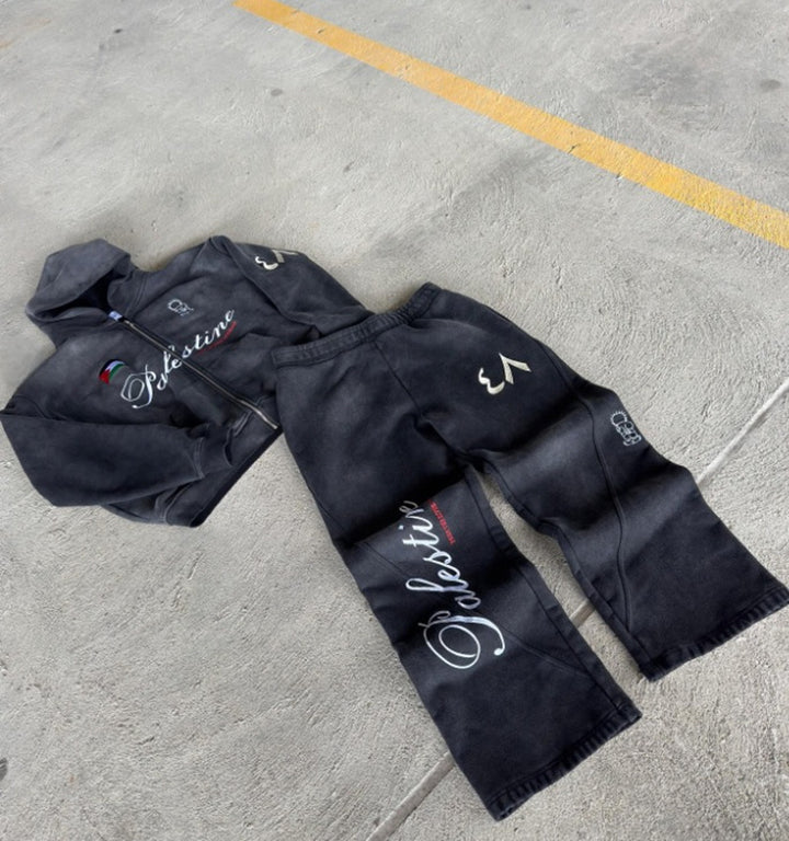 Unisex nan Oversize Kapuzensweat-Set im Vintage-Look mit Reißverschluss, aussagekräftiger Stickerei und weitem Sweatpant Echo Archiv