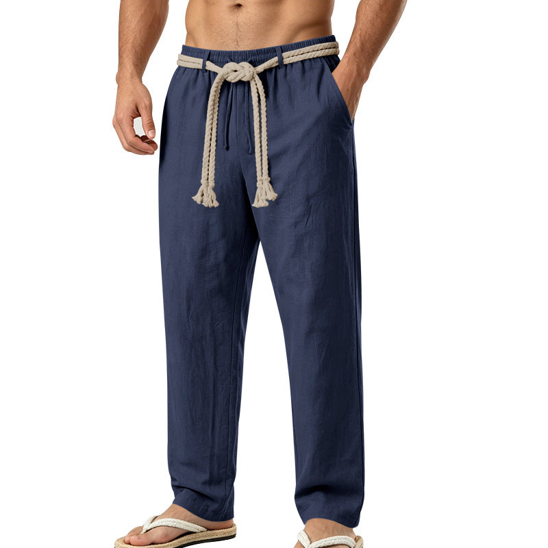 Herren lässige Leinen-Loungehose mit elastischem Bund, dekorativem Seilgürtel und Seitentaschen Echoarchiv