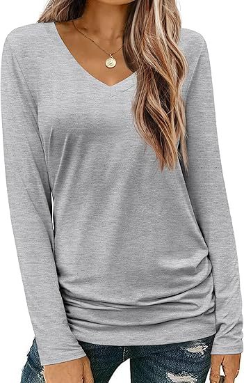 Damen Figurbetontes V‑Ausschnitt Langarmshirt aus Stretch‑Jersey mit leicht gerafftem Saum Echo Archiv
