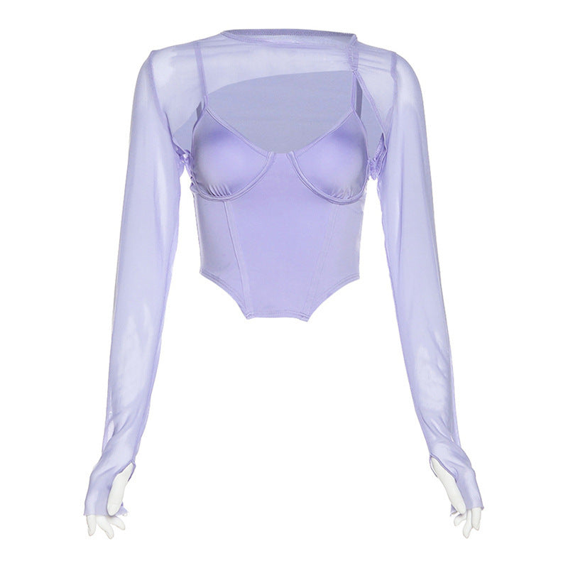 Damen Modisches Longsleeve Oberteil mit transparentem Material und integrierter Unterbruststütze Echo Archiv