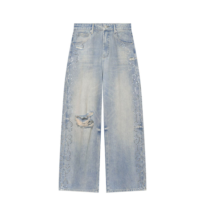 Damen Hochgeschnittene weite Jeans im verwaschenen Look mit Rissen und Nietenapplikation Echo Archiv