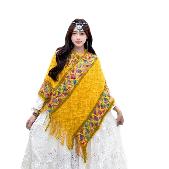 Damen Oversize-Poncho mit Fransen und geometrischem Jacquardbesatz Echo Archiv