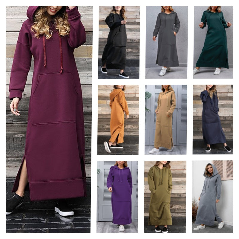 Damen nan langes Kapuzen-Sweatkleid mit Kängurutasche, Seitenschlitzen und lockerer Oversize-Passform Echo Archiv
