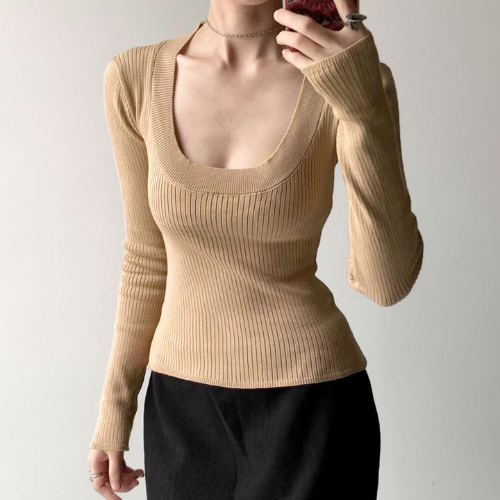 Damen Enganliegendes geripptes Langarmshirt mit tiefem U-Ausschnitt Echo Archiv