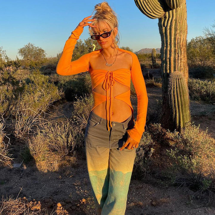 Damen Langarm-Trägershirt mit kreativem Cut-out und eleganter Wickeloptik Echo Archiv