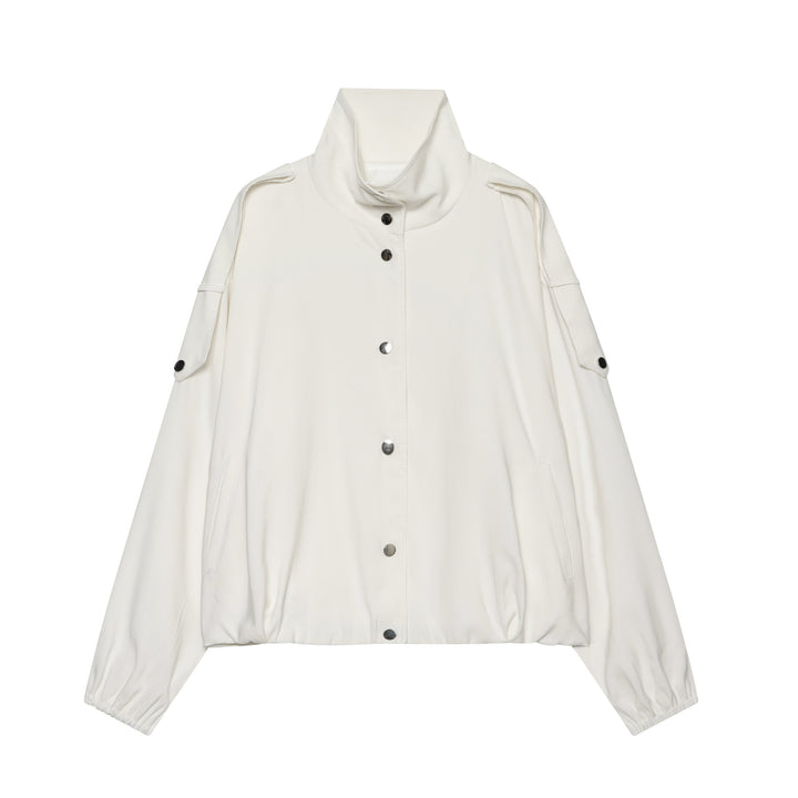 Damen oversized Kurzjacke mit hohem Stehkragen Druckknopffront und aufgesetzter Ärmeltasche – Célinea